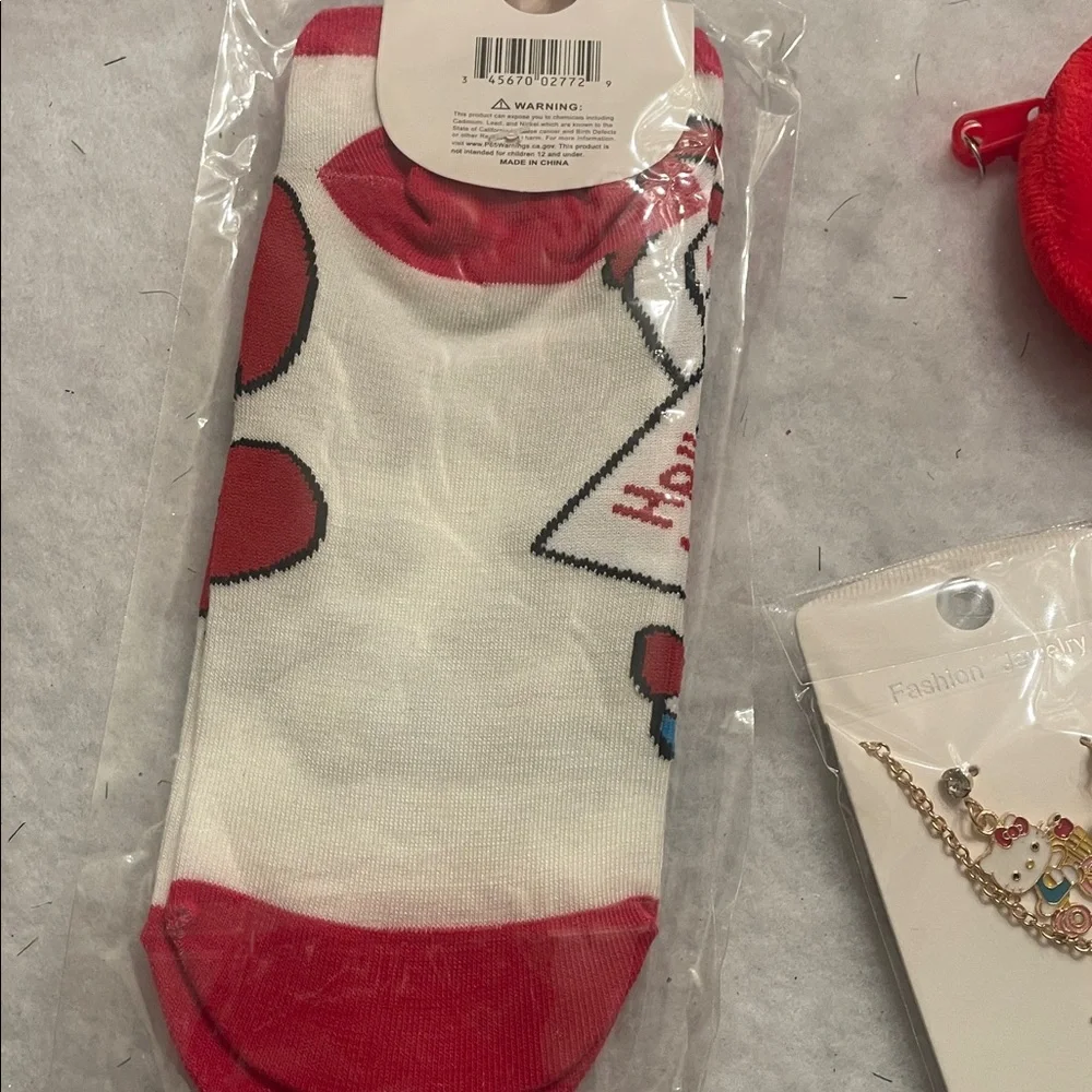 Hello Kitty Kids Socks coin purse, Necklace Set - Red, White nwt
